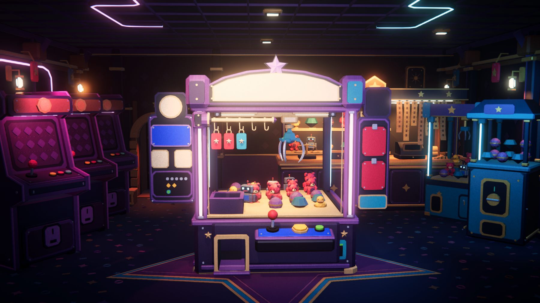 Clawtro's arcade hall: a neon claw cabinet full of prizes, cabinets glowing on either side