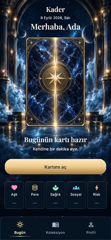 Kader's home screen: today's card face down on a marble hall, waiting to be turned