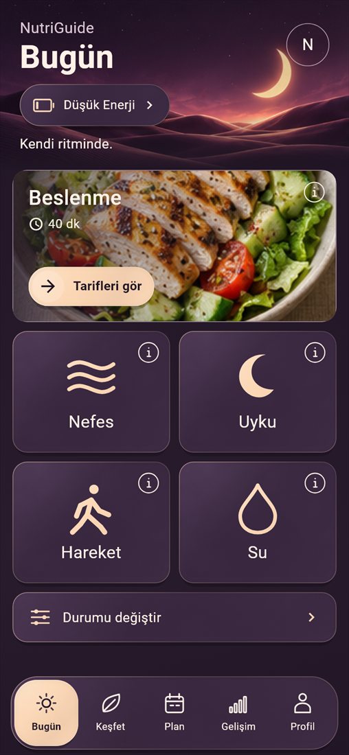 NutriGuide's home screen in low-energy mode: a moonlit header, a meal card, and breath, sleep, movement and water tiles